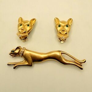 Jackie Collins 1980s Lion Panther Crystal Brooch & Matching Clip Earrings Set